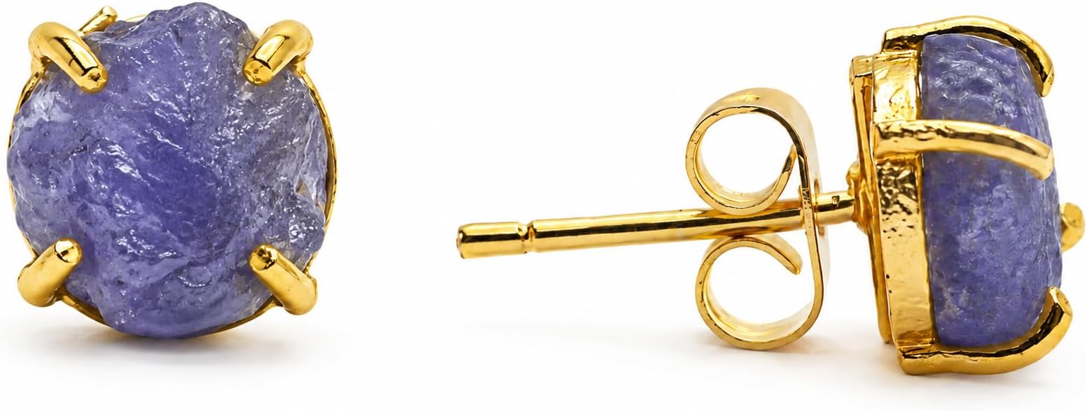 Gempires Natural Raw Gemstone Stud Earrings for Women | Handmade Raw Crystal Prong Setting Earrings | Hypoallergenic Gold Plated Minimal Studs | Unique Gift Jewelry for Her (Multiple Gemstone Options)