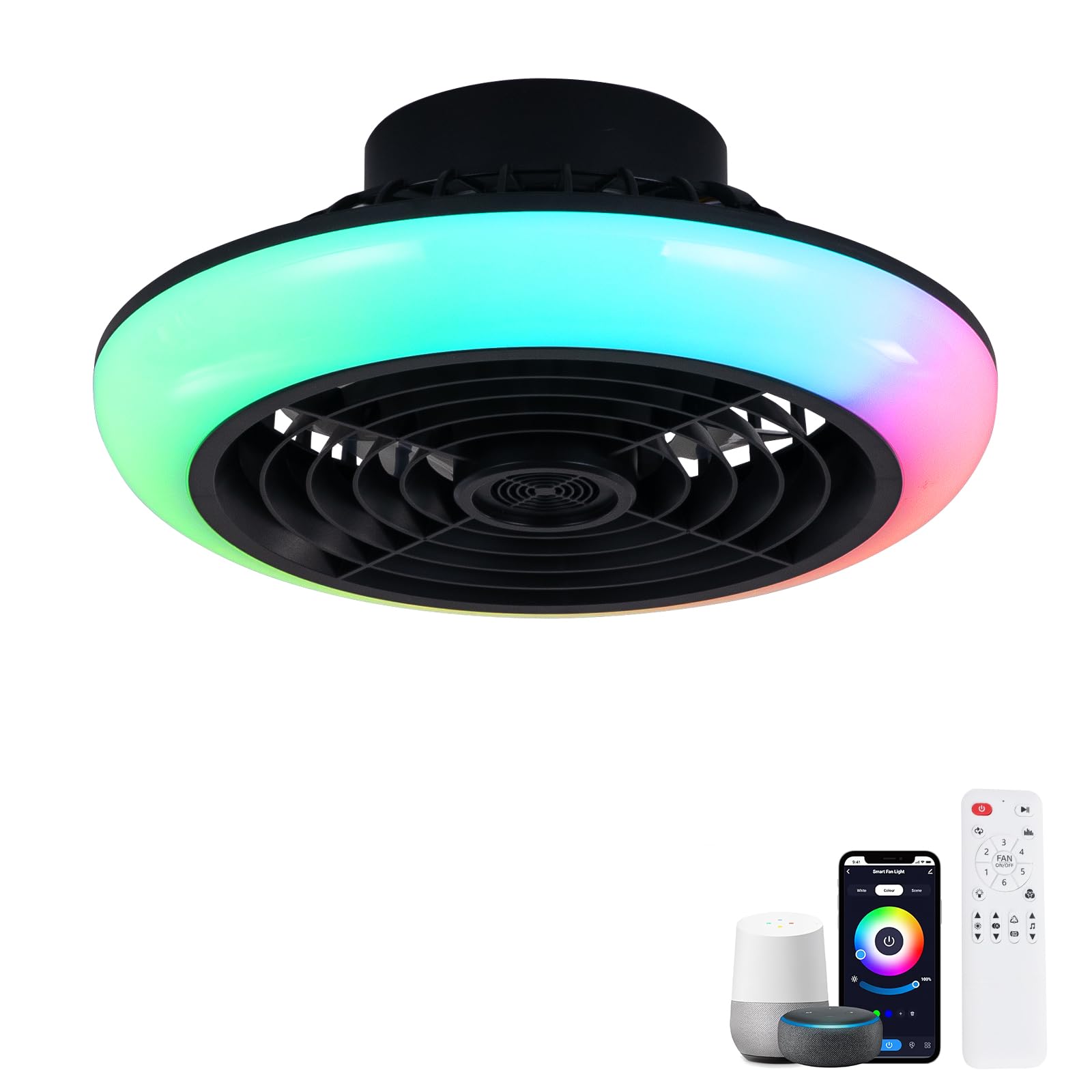 Ventilatore A Soffitto LED 40CM Con Altoparlante Bluetooth - Luci RGB Alexa, 6 Velocità Motore DC, Timer, Regolazione Colori Per Camerette Bambini/Adolescenti-Black