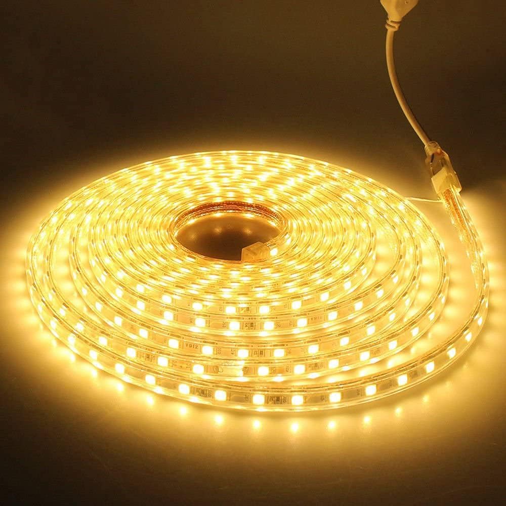 Bobina Striscia Led Luminosa 100 Metri Luce Bianco Caldo 5050 220v Flessibile da Interno ed Esterno + 5 spine CW825