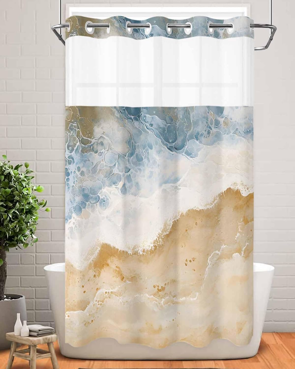 No Hook Shower Curtain with Snap in Liner, Abstract Blue White Beige Waves Shower Curtains for Bathroom Bath Curtain with See Through Top Window Summer Beach