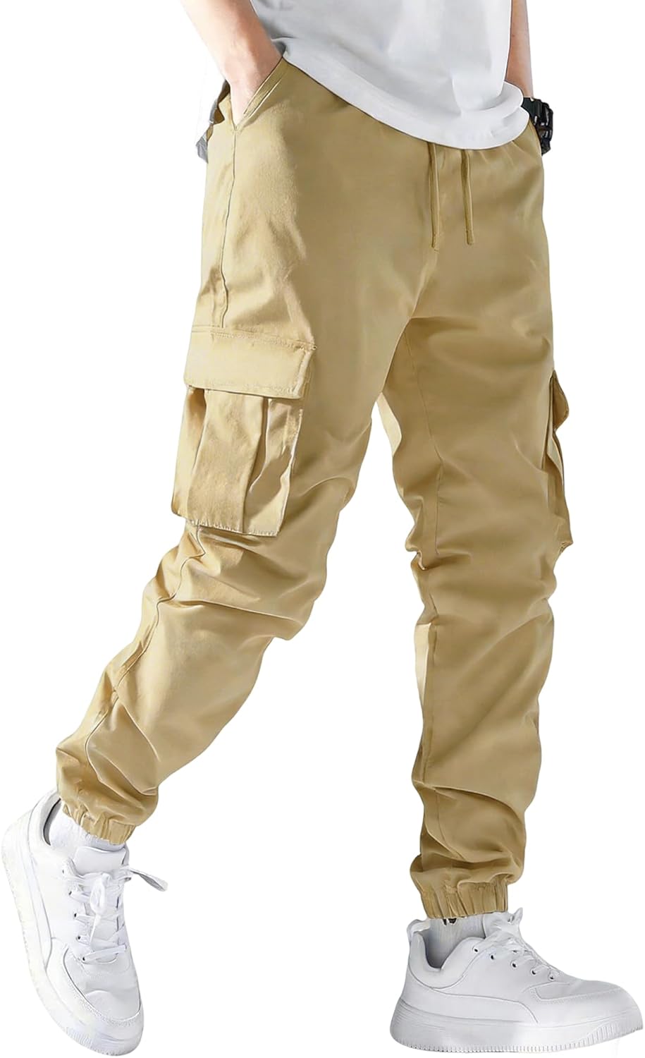 DOWMQ Mens Cargo Joggers Stretch Casual Sweatpants Elastic Waist Drawstring Tapered Pants for Men Hiking Pants with 5 Pockets