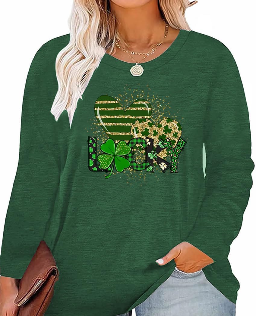 Plus Size St Patricks Day Irish Festival Clover Lucky Graphics Print Shirt Women Long Sleeve Tops