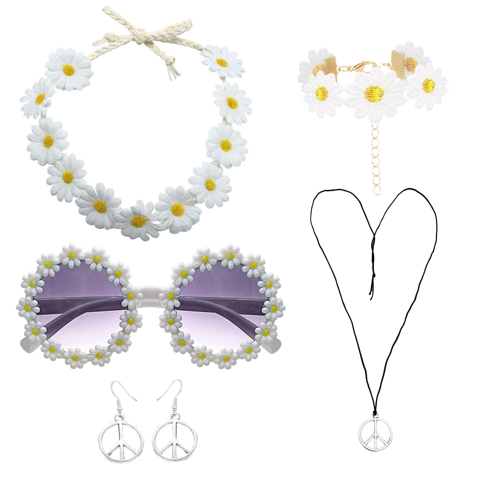 Juego de disfraz hippie de 6 piezas, accesorio de vestir hippie de los años 60 y 70, diadema de margaritas, gafas hippie, collar con signo de paz, aretes de paz, accesorio de vestir