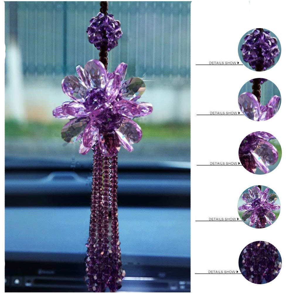 KHGUZ Crystal Flower Car Rearview Mirror Charm – Bling Pendant Hanger For SUV, Sedan, Truck Interior (Pink, Adjustable)