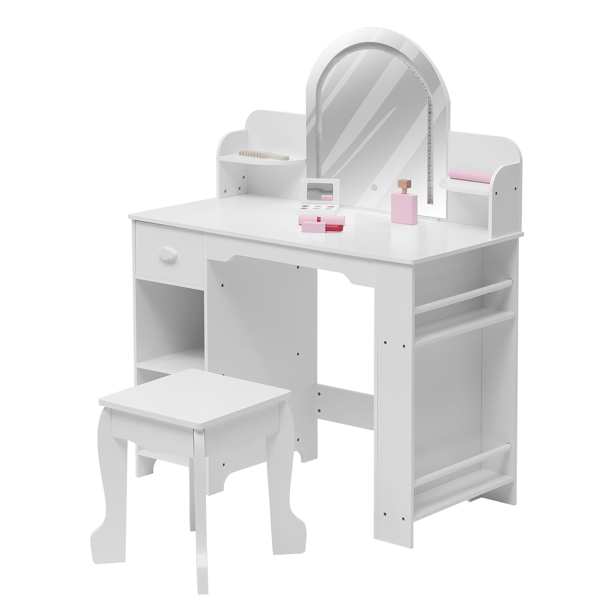 Tocador de Maquillaje 2 en 1 con Luz y Espejo, Tocador Niña con Taburete, Tocador Infantil con Luces LED Ajustables, Estantes de Mesa y Bajo Mesa, Cajones y Estanterías Laterales