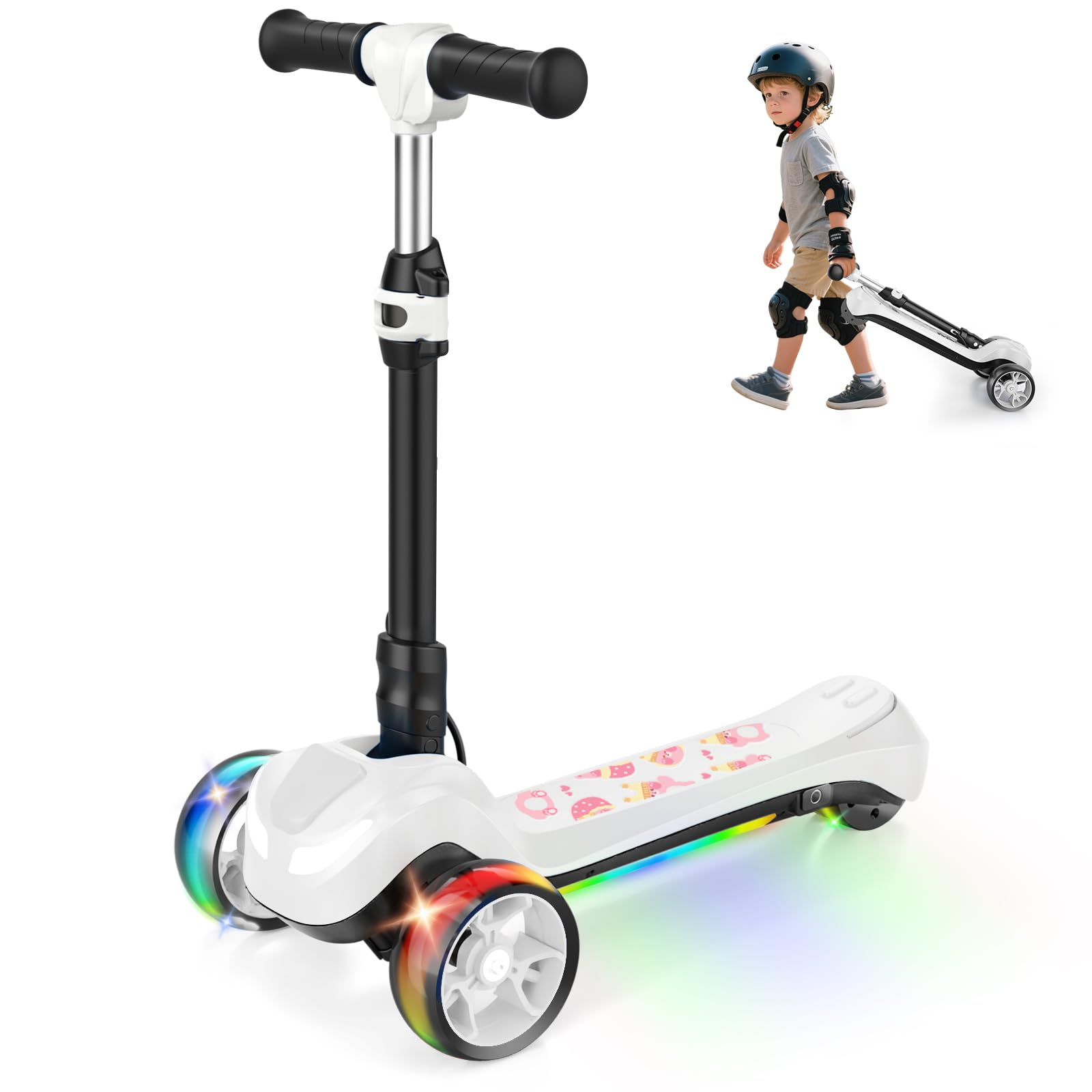 electric scooter for kids ages 3-8, 3-wheel electric scooter, electric kick scooter with 2 speed, long battery life, bluetooth music, flashing led wheels, adjustable height, gift for boys/girls