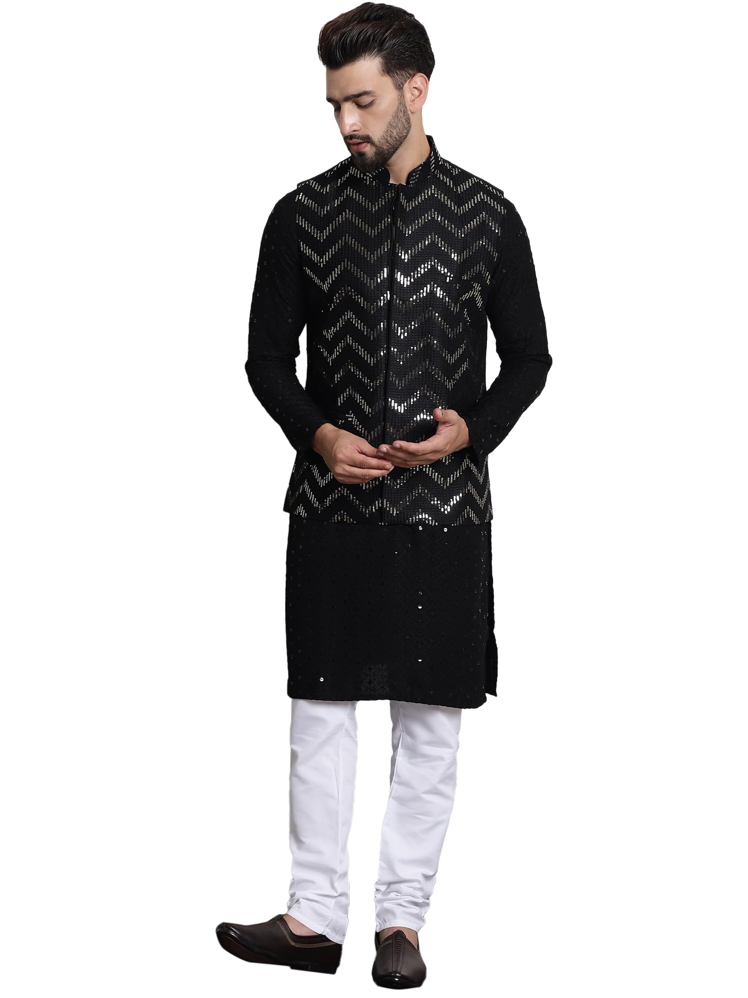 Sojanya (Since 1958 Men's Pure Cotton Sequence Black Kurta And White Pyjama With Black Nehrujacket
