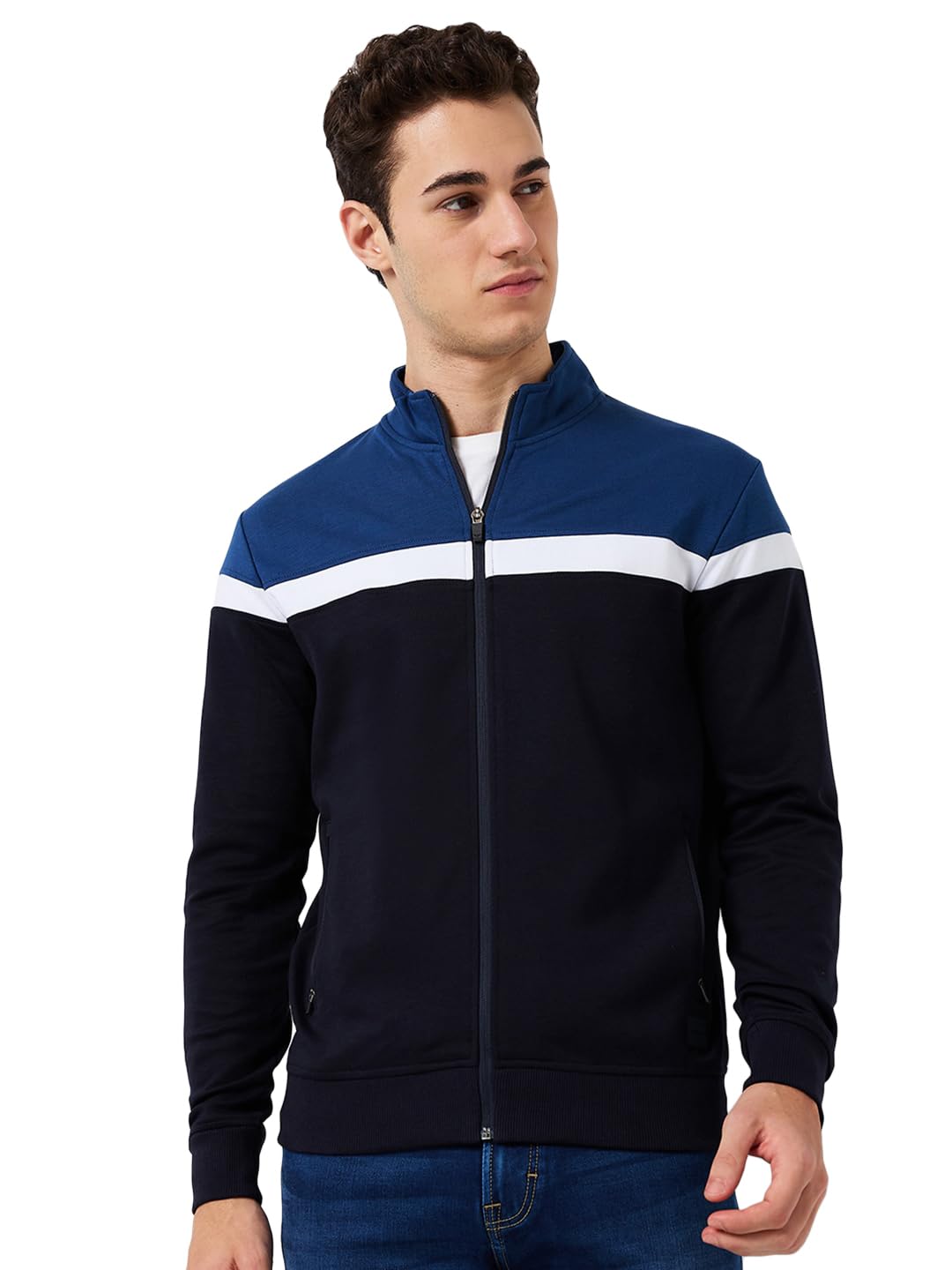 park avenue Men Slim Fit Solid Pattern Cotton Polyester Blend Full Sleeve High Neck Casual Sweatshirt Blue-picture-38