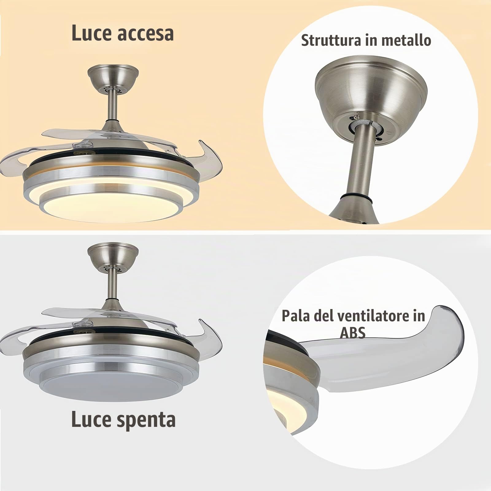 Ventilatore da soffitto da 36" con illuminazione, telecomando Invisible Fan lampadario 4 lamelle per sala da pranzo, ristorante, soggiorno, camera da letto