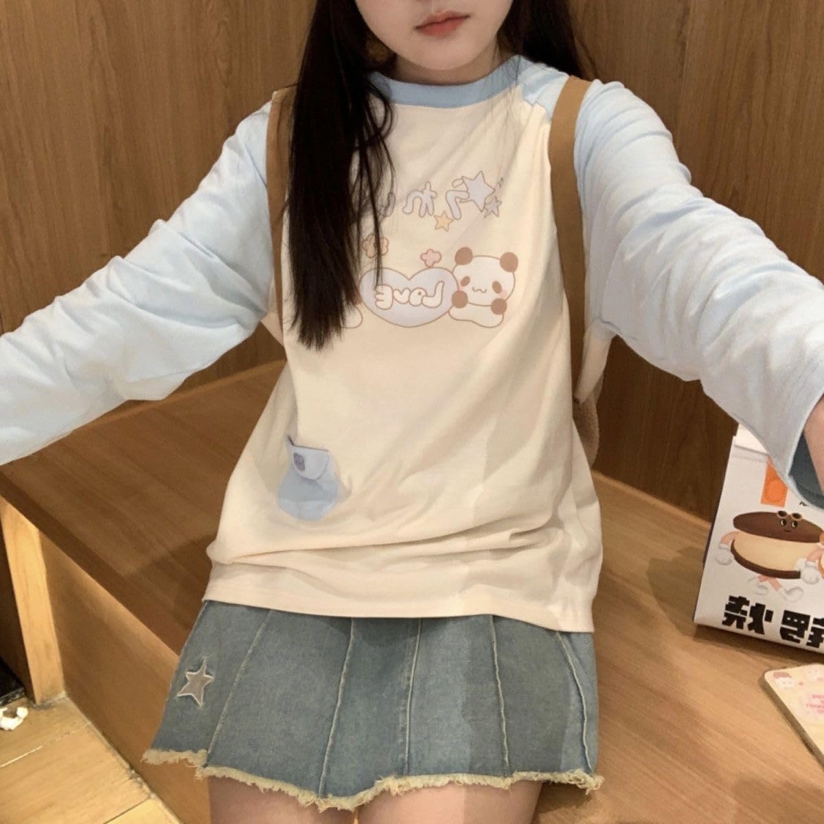 CEINOM Kawaii Japanese Fashion Patchwork Long Sleeve T-shirt Women Harajuku Cute Cartoon Print Pullovers Sweatshirt - Image 3
