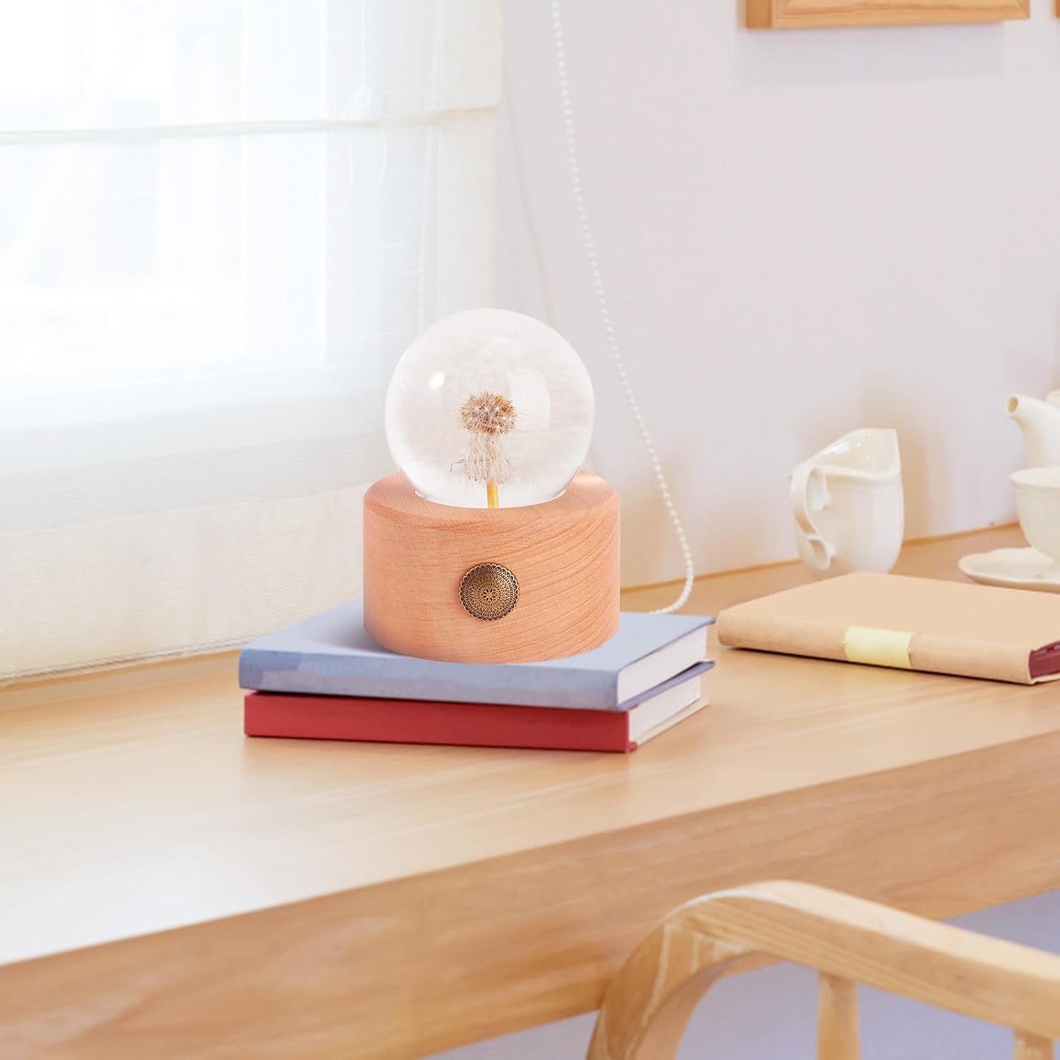 Desktop Crystal Ball with Beech Wood Base, Unique Dandelion Glass Decorative Ball for Home or Office Decor, Compact Size and Simple Structure,