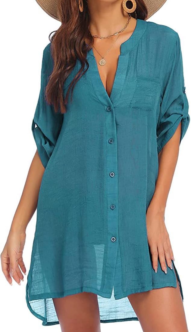 Solid Color Sexy Swimsuit Coverup for Women Button Down Beach Cover Ups Long Sleeve Shirt Dress Blouse Top