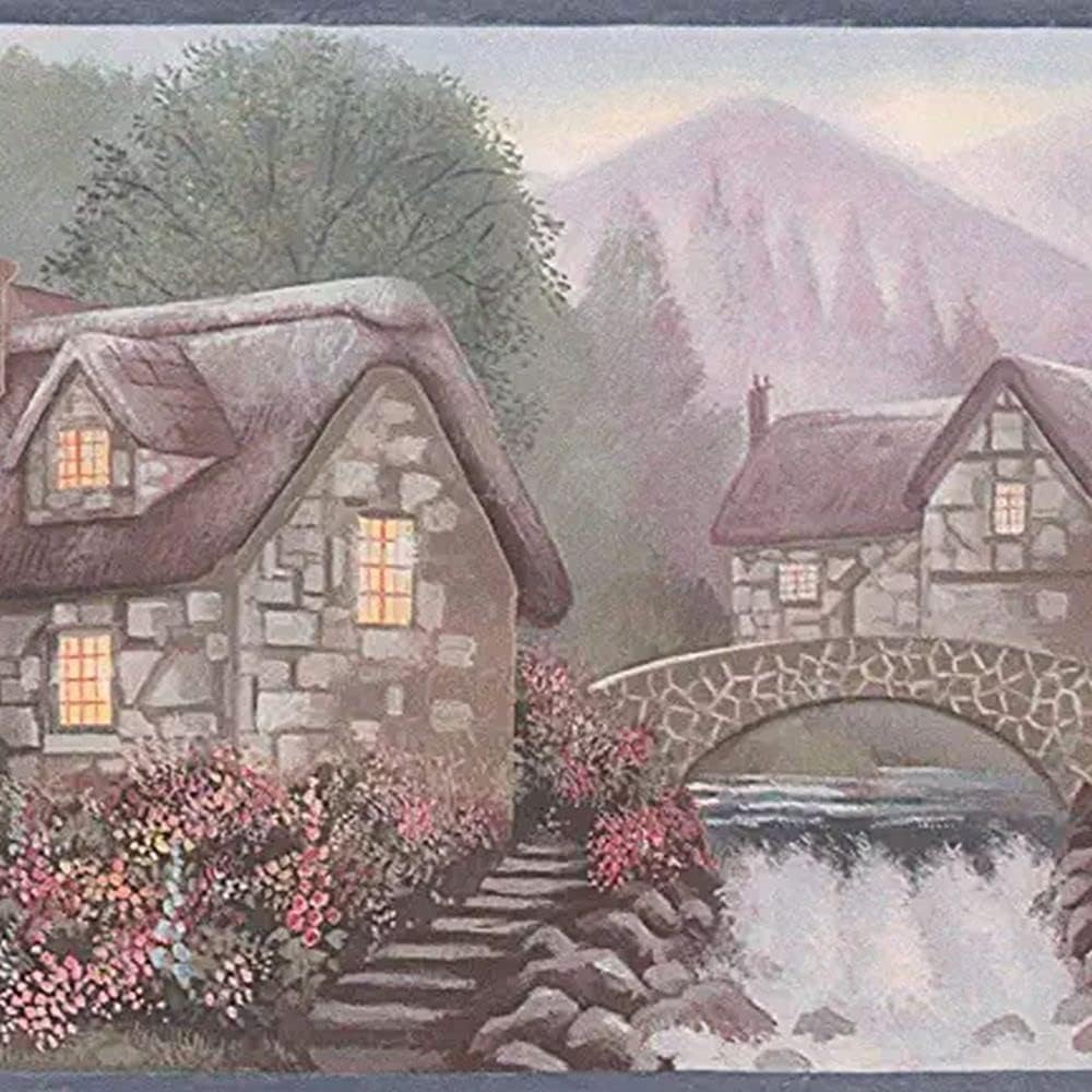 CONCORD WALLCOVERINGS ™ Wallpaper Border Country Pattern Vintage Village on The River Forest for Cottage Kitchen Dining Area Farmhouse, Green Purple Red Gray, 15 Feet by 7 Inches BV021131B