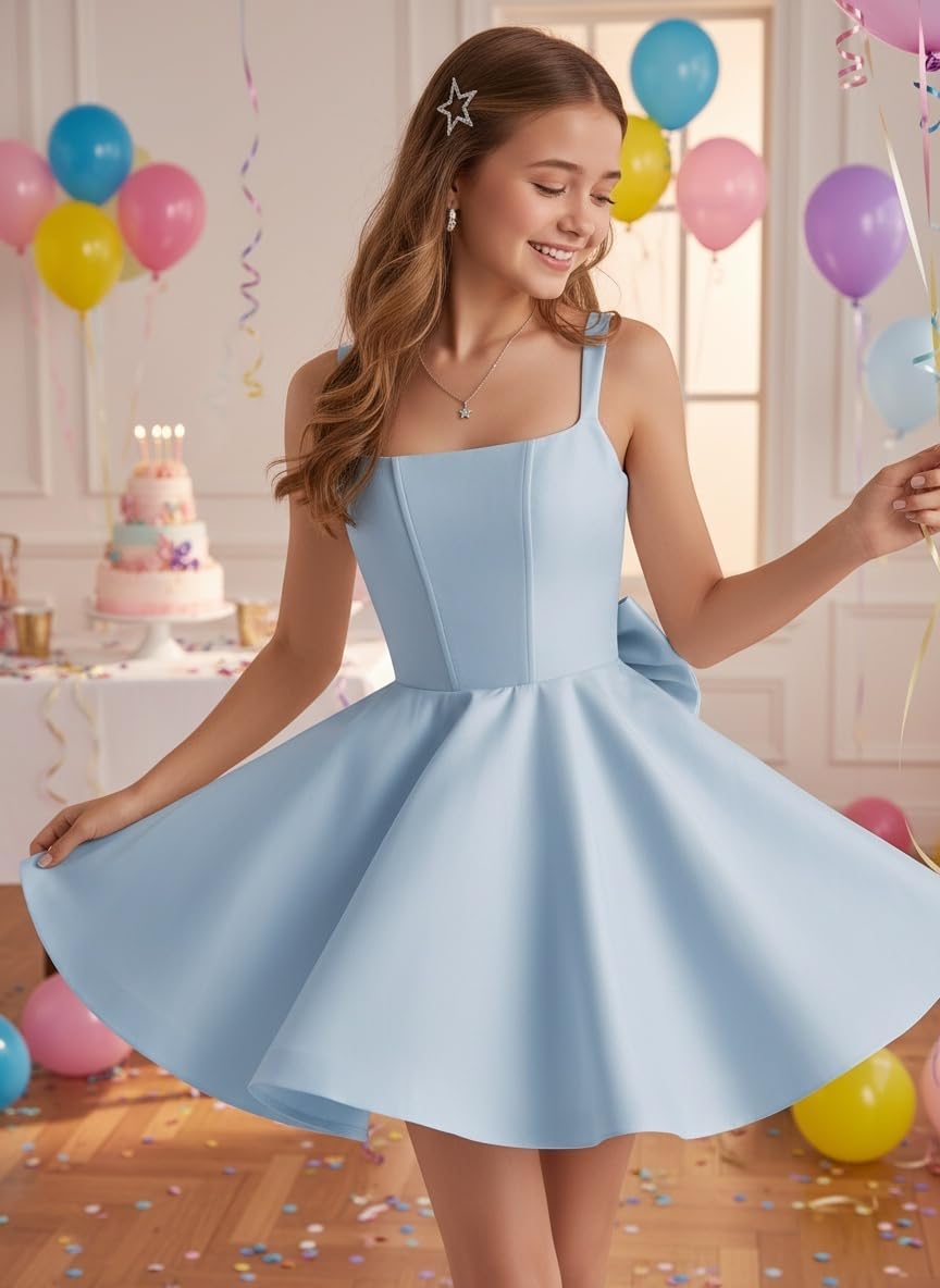 Satin Homecoming Dress with Bow Satin Flower Girl Dresses for Wedding Short Prom Dress Party Gown - Image 7