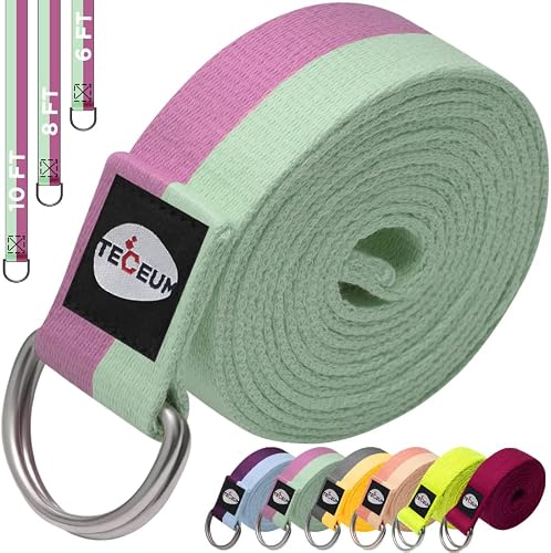 [SPRING 2023] TECEUM Yoga Strap – Cotton – 6 ft 8 ft 10 ft (6+ colors) – Adjustable Non-Slip Belt for Daily Yoga, Pilates, Stretching, Physical Therapy, Fitness & Home Workout – For All Levels