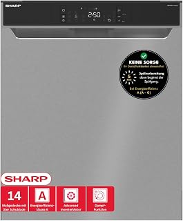 Sharp QW-NA3YU42AI-DE Geschirrspüler Unterbau 60 cm, 14 Maßgedecke, A, 42 dB, Turbo-Trocknung, QuickWash 14’, SteamWash, AutoDoor, EcoBox, Edelstahl