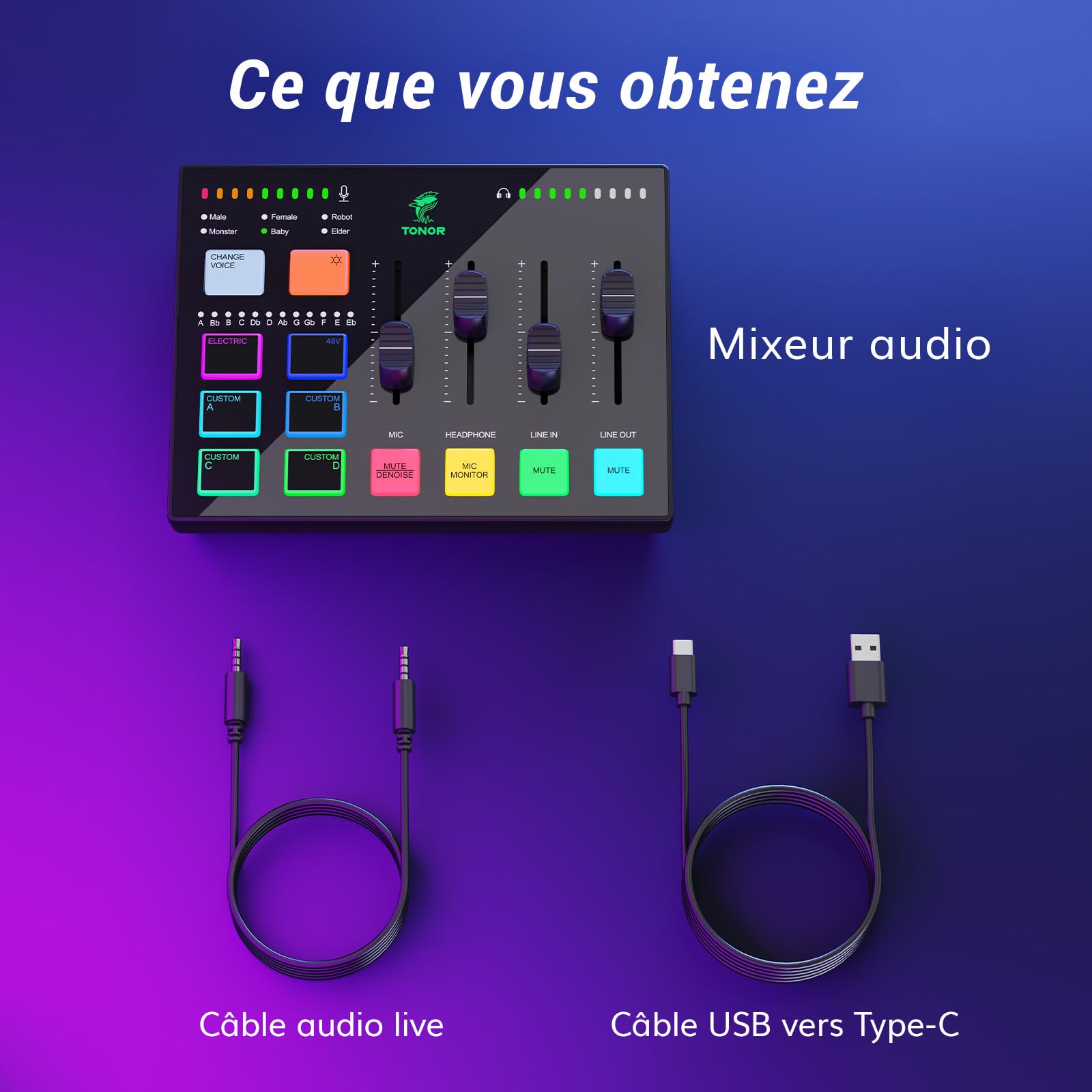 TONOR Gaming Audio Mixer, RGB Audio Interface avec Canal XLR et 6,35 mm pour Gaming, Streaming, Podcasting, Studio Création de Contenu, Commandes de Volume Indépendantes, Entrée D'instrument, TX310