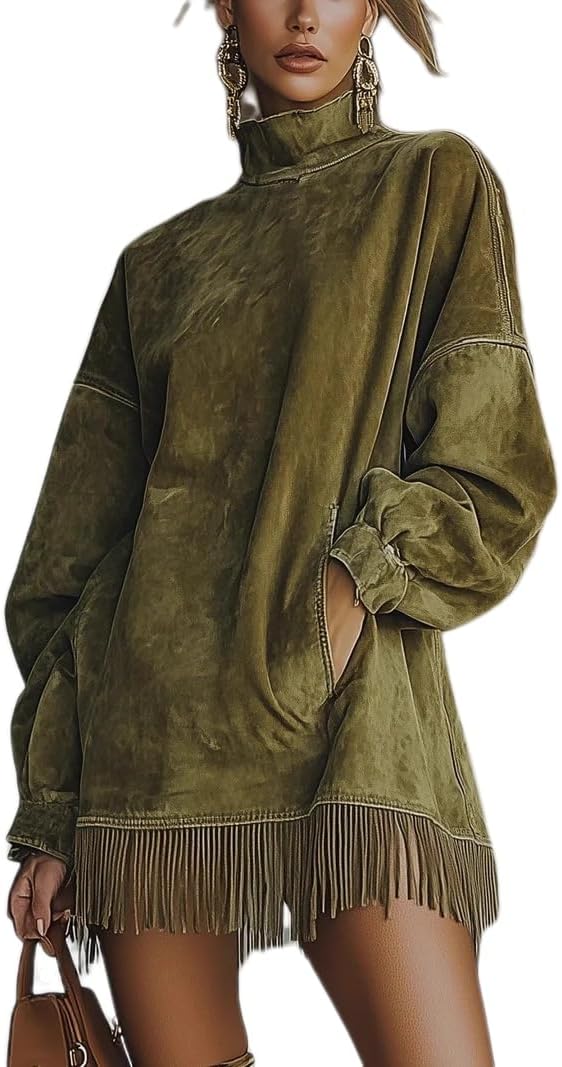 Apvirdy Womens Faux Suede Tassel Mini Dress Vintage High Neck Velvet Dresses Loose Pocket Long Sleeve Fringe Dress