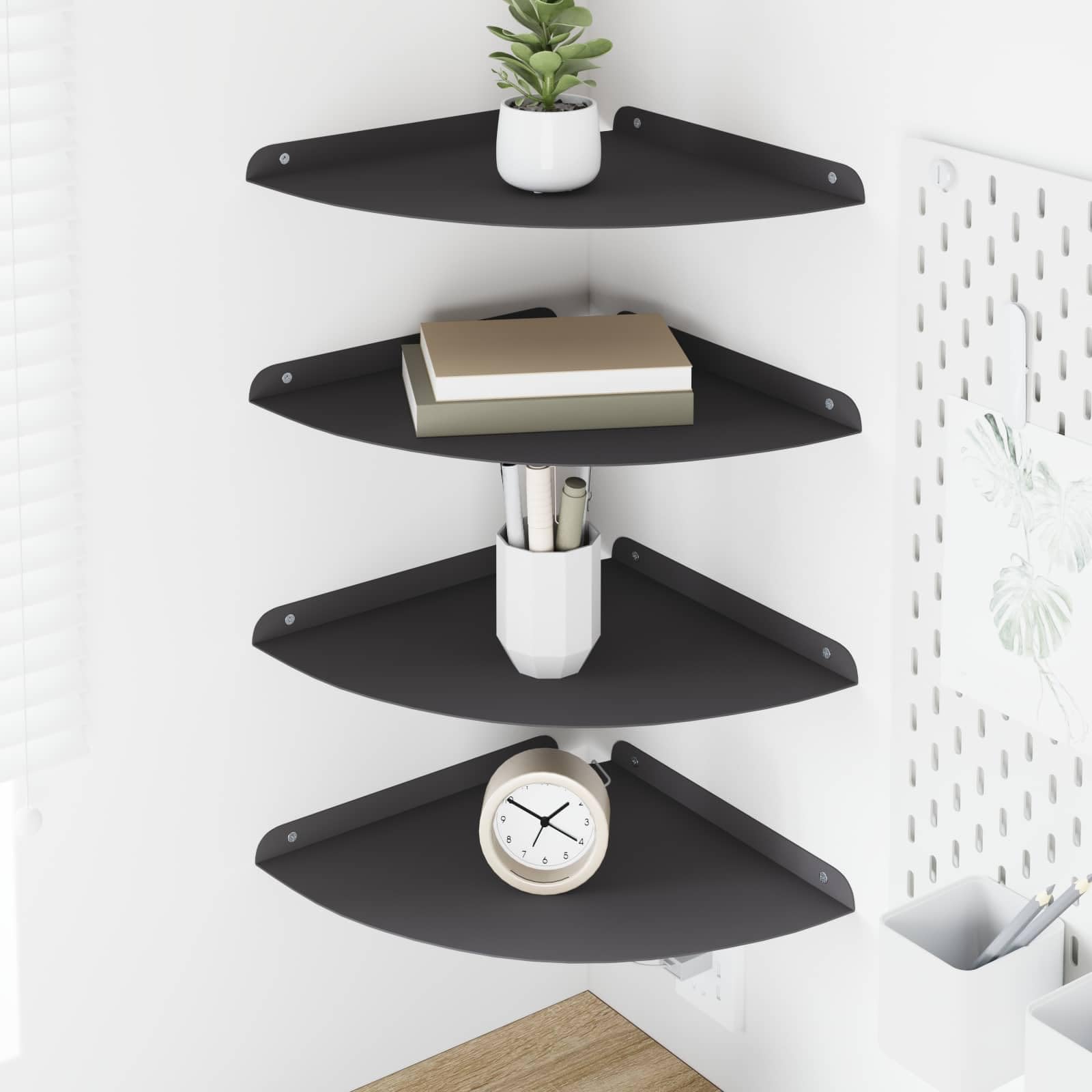 Schwebendes Wandregal 4er Set, Viertelrund Eckregal aus Stahl, Schwarz Matt, 30 x 30 x 2 cm, Platzsparendes Hängeregal für Wohnzimmer, Küche und Bad, Belastbar bis 10 kg