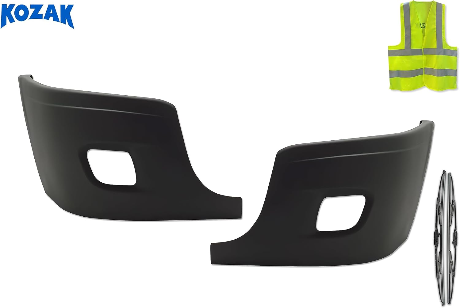 KOZAK Outer Bumper Corners Cover with Fog Lamp Hole Set (Left Driver & Right Passenger Side), Compatible with Freightliner Cascadia 2008-2017, Includes Logo, 2x 22" Windshield Wipers, Reflective Vest