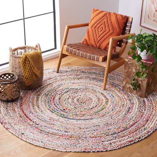 SAFAVIEH Area Rug 3' Round - Cape Cod Collection - Beige & Multi, Handmade Jute & Cotton, Woven Braided Design (CAP202B)