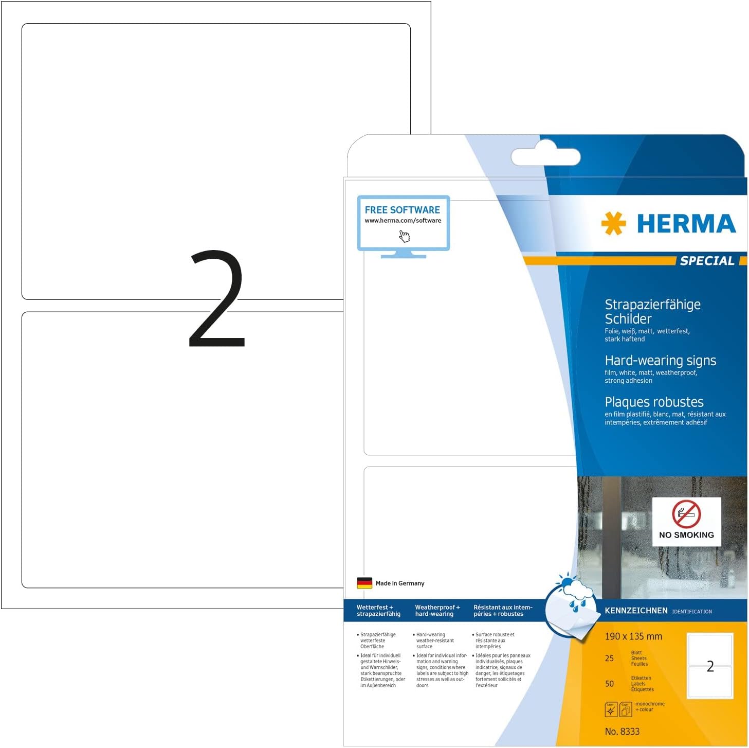 HERMA Self Adhesive Film Labels, 2 Labels per A4 Sheet, 25 Sheets, 190 x 135 mm, 50 Labels, Blank Weatherproof Labels Stickers, Sticky Labels for Laser & Inkjet Printer, White