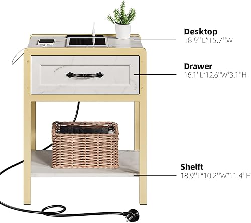 Miniatura 6 de IDEALHOUSE Mesa auxiliar moderna, mesita de noche de ratán con estación de carga, mesita de noche con cajón, mesa auxiliar moderna con estante de