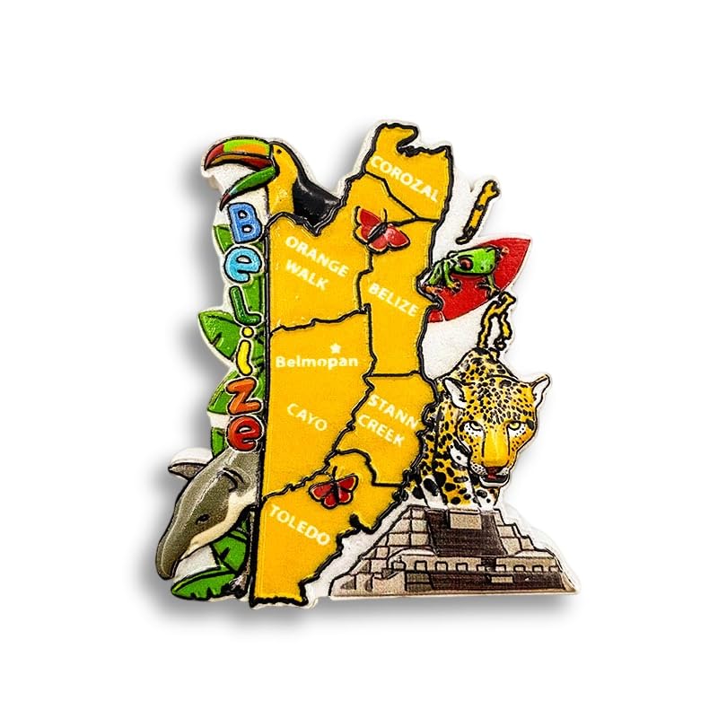 Imán decorativo mapa Belize 8cm x 7cm con Jaguar y Pirámide Maya miniatura 1