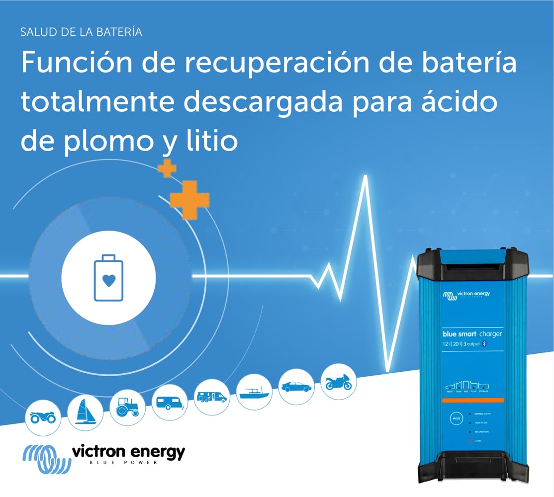 Victron Energy Blue Smart IP22 12-Voltios 20 amperios 230V, Cargador de Batería de 3 Salidas CEE 7/7, Bluetooth