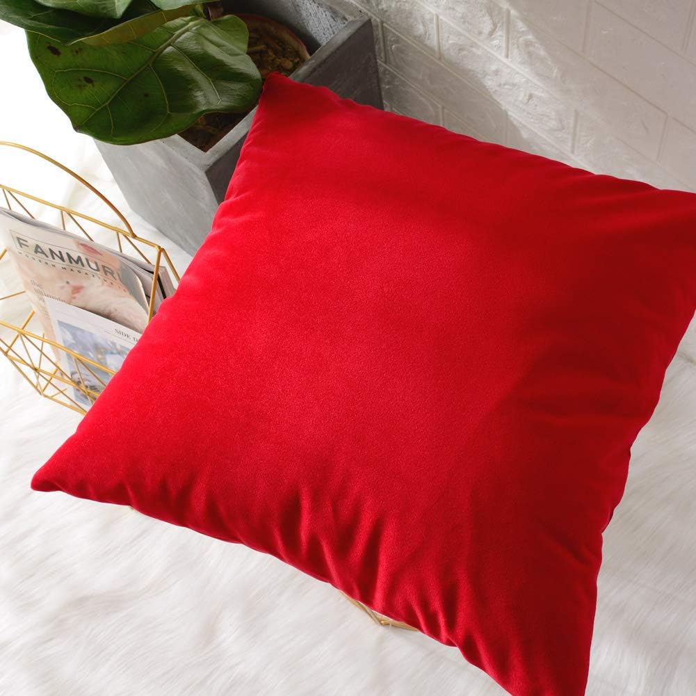 MERNETTE New Year/Christmas Decorations Velvet Soft Decorative Square Throw Pillow Cover Cushion Covers Pillowcase, Home Decor for Party/Xmas 16x16 Inch/40x40 cm, Red, Set of 2