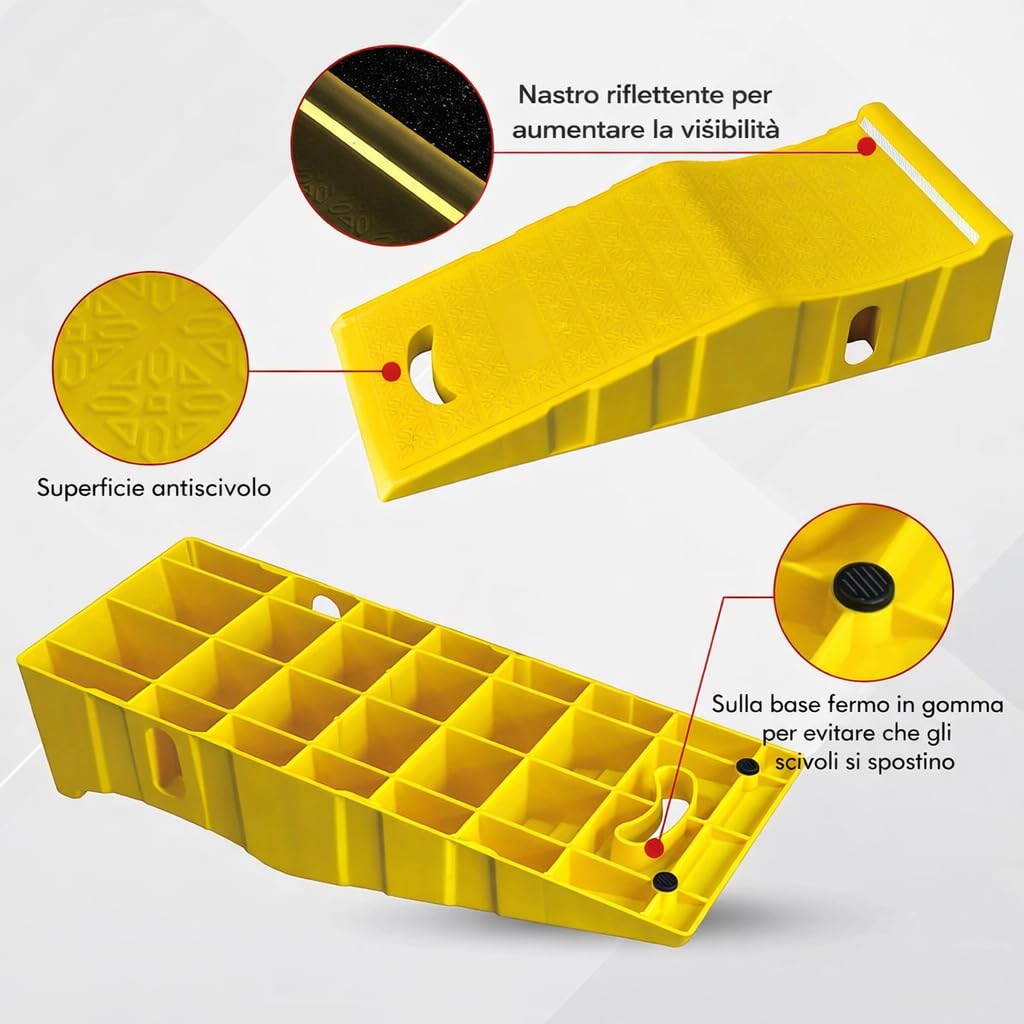 Confezione da 2 rampe per auto, capacità di carico 4.500 kg per coppia, con adesivi di avvertimento riflettenti, colore giallo