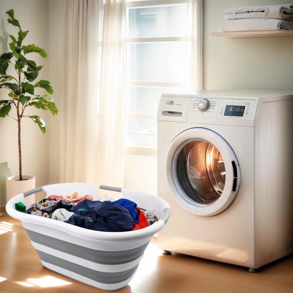 SAMMART 40L zusammenklappbarer Wäschekorb aus Kunststoff – faltbarer Pop-Up-Aufbewahrungsbehälter/Organizer – tragbare Waschwanne – platzsparender Wäschekorb (Weiß/Grau)