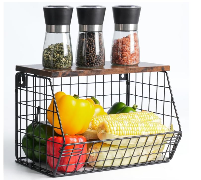 NVIYAM Cesta de frutas colgante, soporte para frutas con tapa de madera y 4 ganchos, almacenamiento de frutas, estante colgante para cocina, estante de cocina, estante colgante para guardar verduras