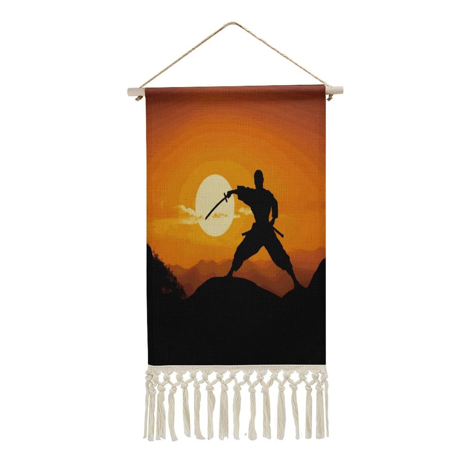 Adfgyerh Style Sun Karate Silhouette Tapestry With Tassels Cotton And Linen Hanging Posters, Wall Art For Travel Gift, Wall Tapestry For Office Home Decor Bedroom Living Room Decor
