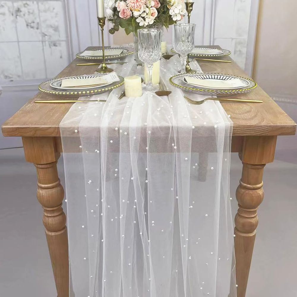 4 pezzi 3 m 152 x 305 cm bianco perla tovaglia elegante poliestere runner da tavola con accenti di perle artificiali extra lungo tulle runner da tavola per matrimoni