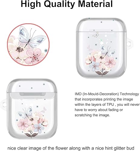 Miniatura 3 de JAHOLAN Funda transparente con diseño de mariposa, suave, a prueba de golpes, con llavero para mujeres y niñas, compatible con AirPods de 1 y 2