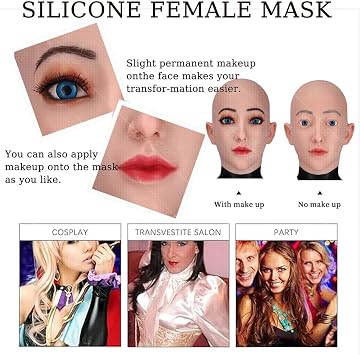 Silicone Female Mask Headwear Masks Hand-Made Realistic Soft Adults Full Face Mask Halloween Party Mask for Cosplay