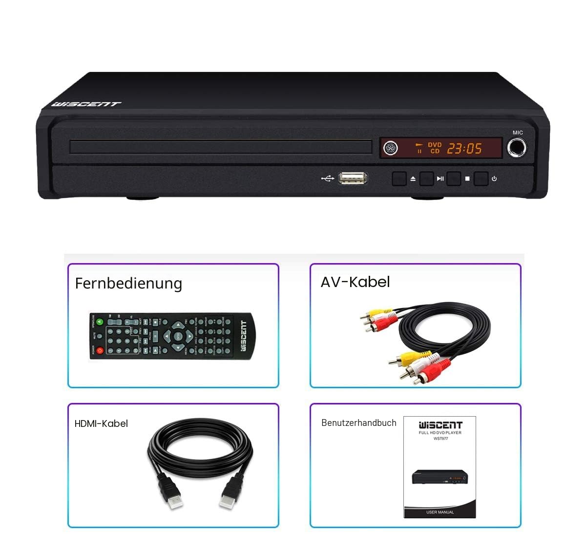 DVD-Player - Für TV mit HDMI, HD1080P DVD-CD-Player, USB-Eingang, PAL-NTSC-System, alle Regionen frei, HDMI-/AV-Kabel im Lieferumfang