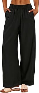 AKEWEI Women's Linen Pants Summer Casual High Waisted Wide Leg Pants Elastic Waist Cotton Trousers with Pockets for Beach