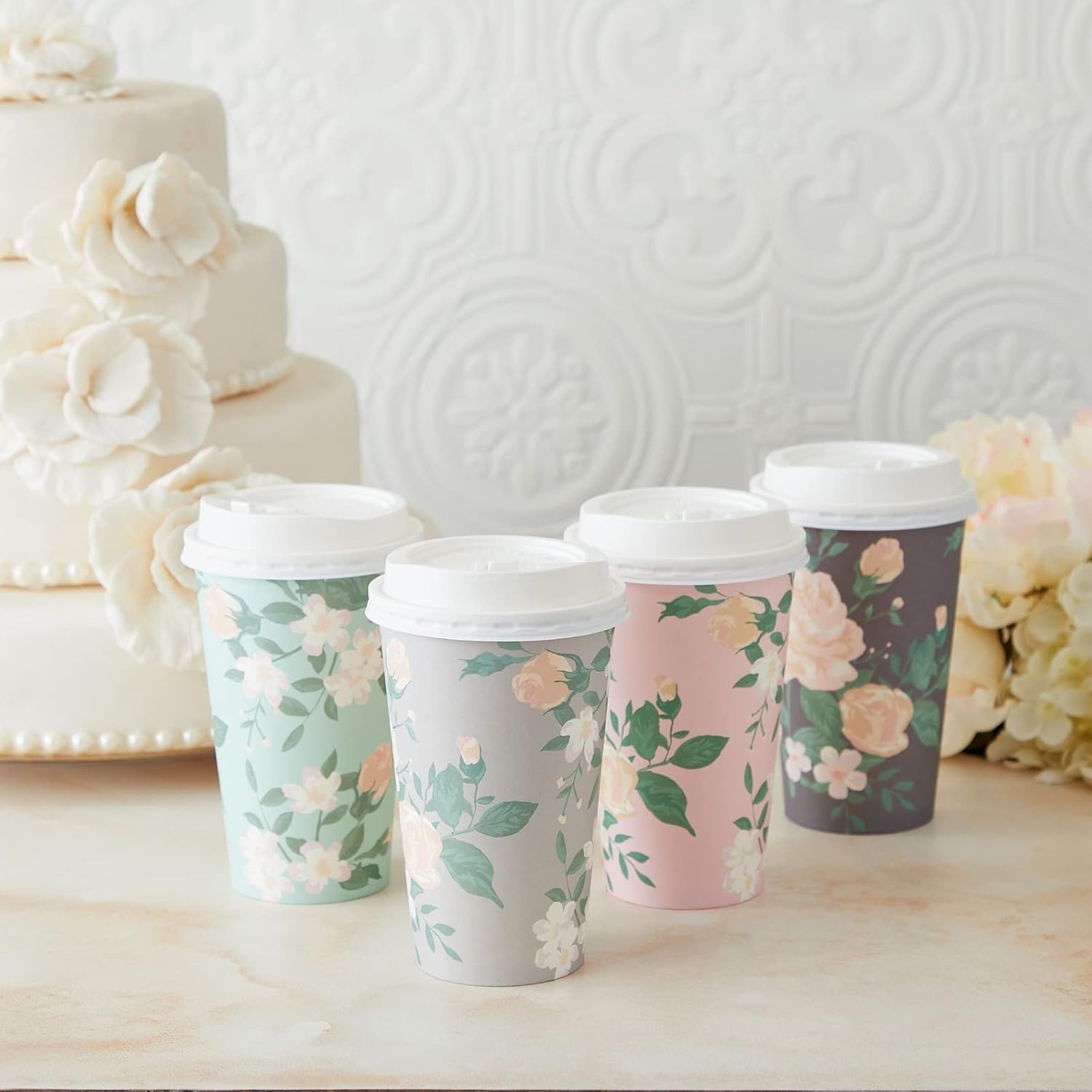 Juvale Floral Paper Coffee Cups with Lids - Disposable Eco-Friendly Paper Cups with Lids for Travel - Party & Bridal Shower Coffee Supplies - 24 Count, 16 Oz, Pastel Assorted - Image 2