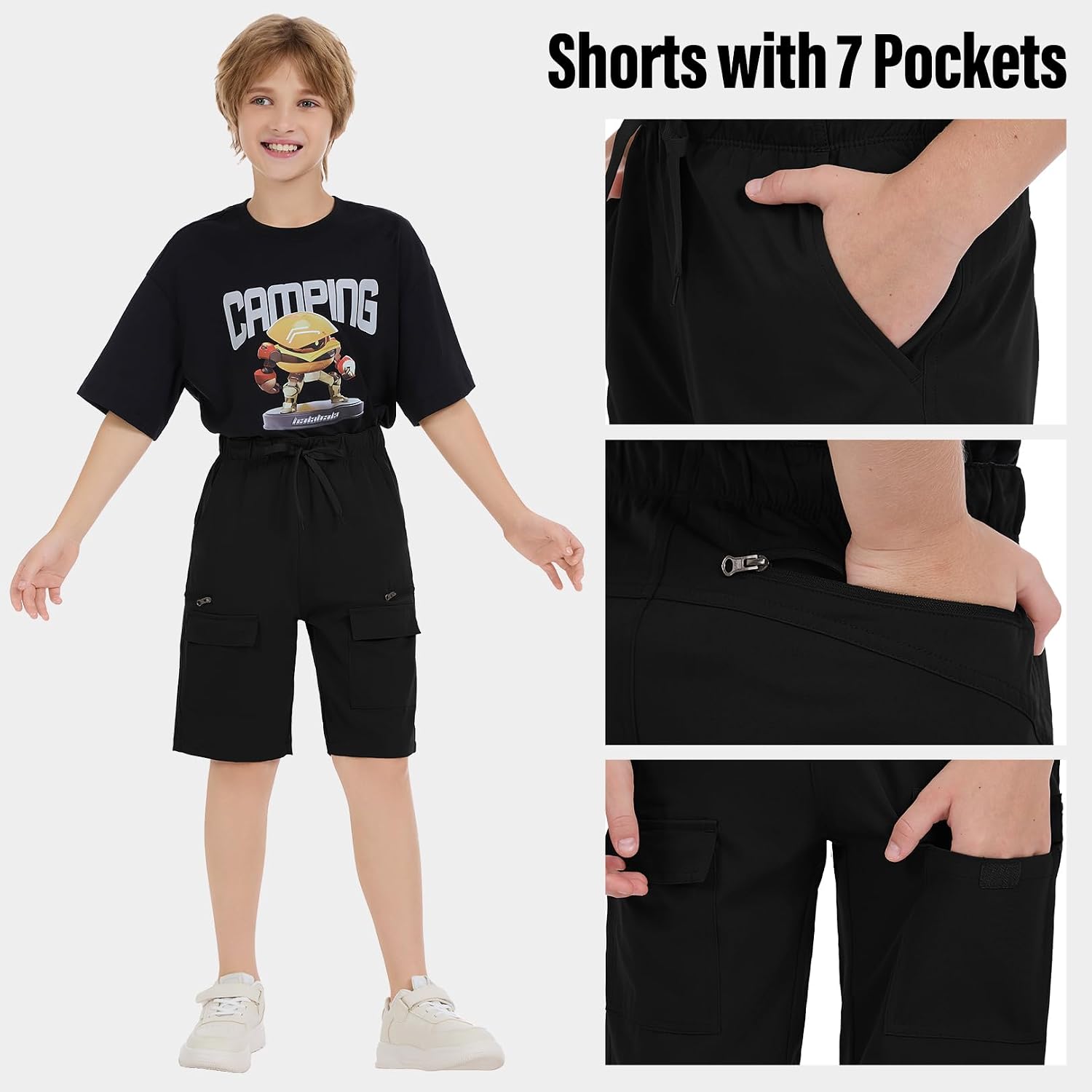 Boys' Hiking Shorts Quick Dry with 7 Pockets Water Resistant Lightweight for Outdoor Camping