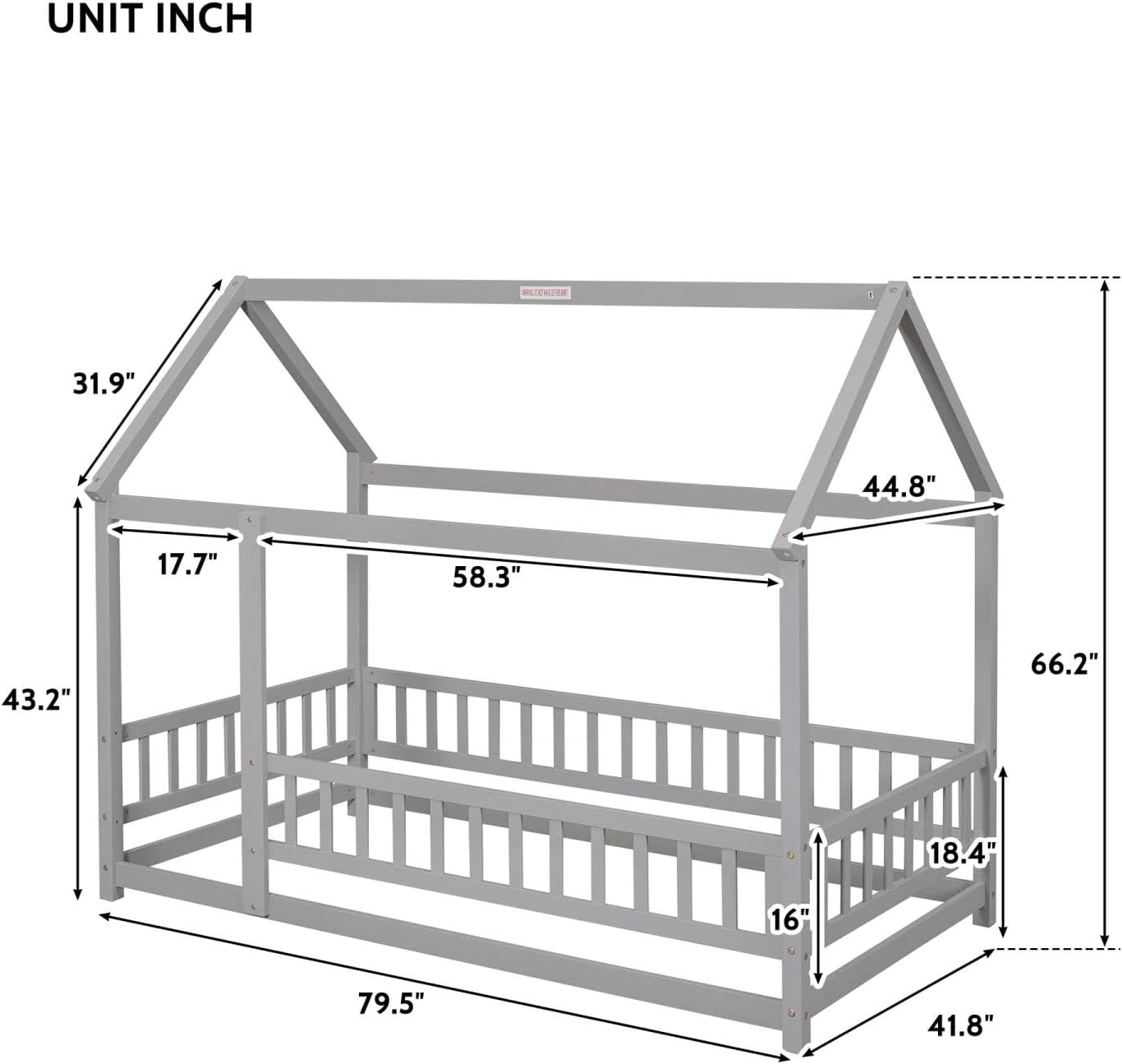 LLS Twin Floor Bed for Children, Wooden House Bed Frame with Roof and Safe Fence Guardrails, Montessori Bed for Girls Boys, Gray