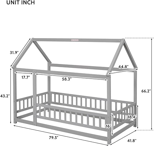 Miniatura 2 de LLS Cama de suelo individual para niños, marco de cama de madera con techo y barandillas de valla seguras, cama Montessori para niñas y niños, gris