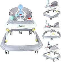 Trotteur Bébé 4-en-1 avec Plateau d'Activités Musical, 4 Hauteurs Réglables, Trotteur Bebe Marche Pliable, De 6 à 18 mois (Gris, 58 * 55 * 65 cm)