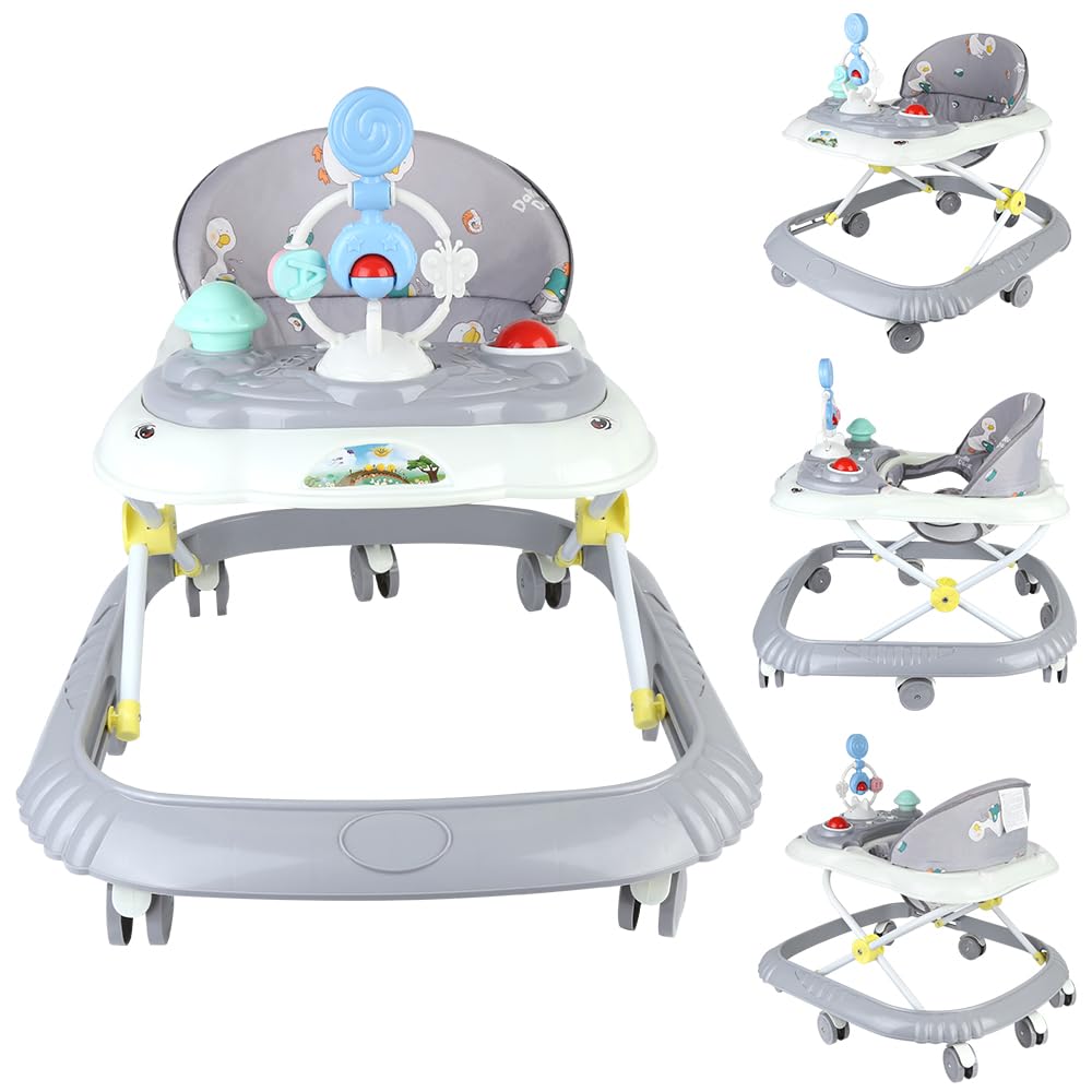 Girello 4 in 1, girello pieghevole per bambini con vassoio di gioco interattivo con suoni, base anti-ribaltamento, deambulatore ruote in silicone e 4 posizioni di altezza, da 6 a 18 mesi (grigio-67 x