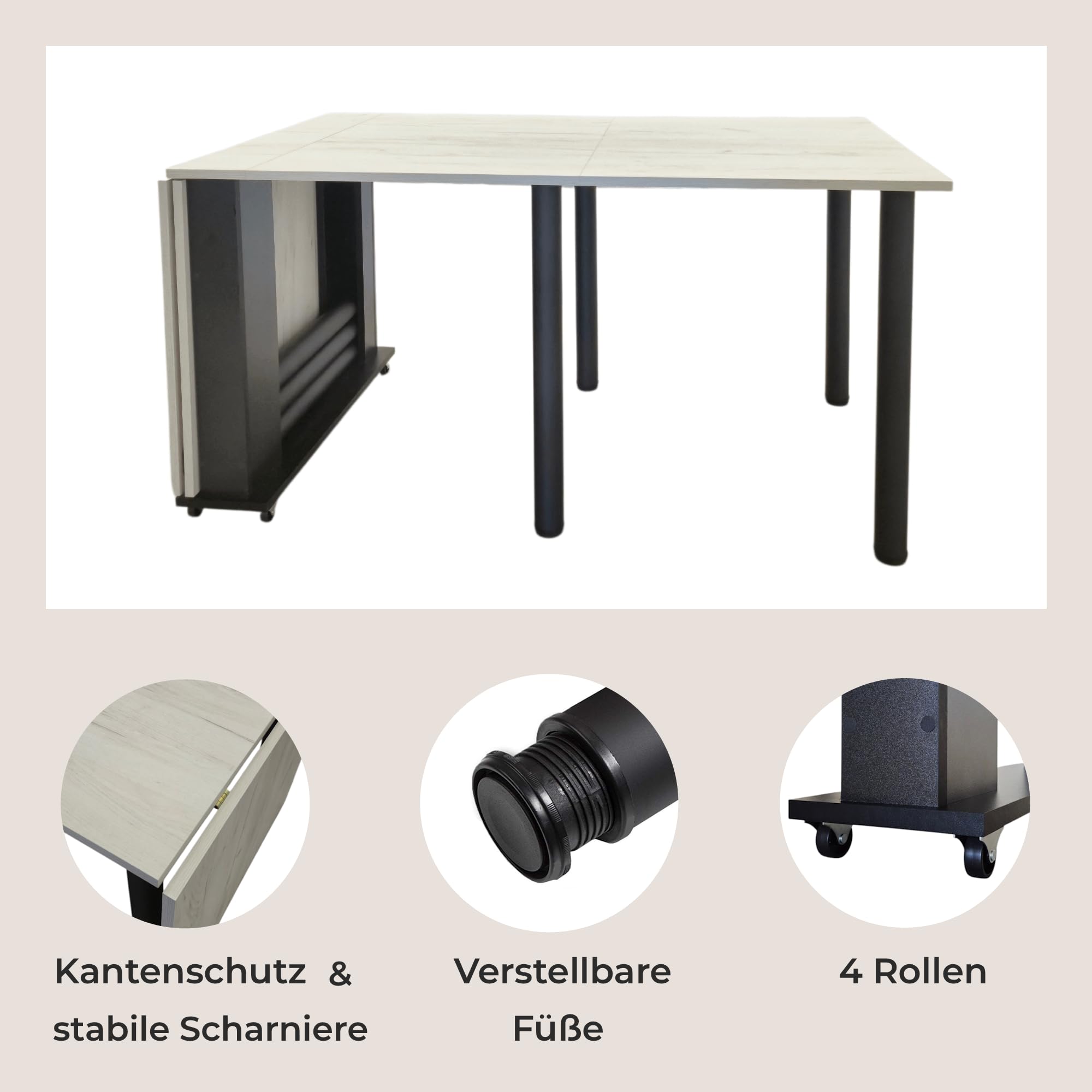 Rodnik Esstisch klappbar, Multifunktionstisch 5-in-1, Klapptisch XXL mit Rollen, ausklappbarer Tisch platzsparend für bis zu 12 Personen (Eiche Kraft Weiß/Schwarz)