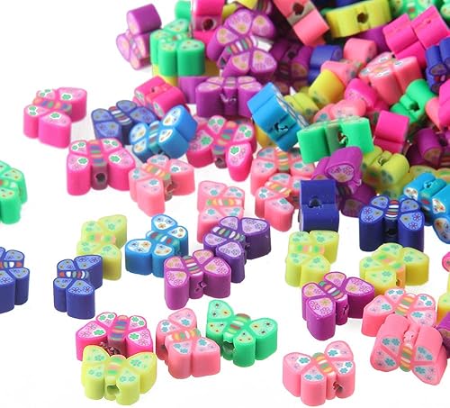 LiQunSweet 100 cuentas de arcilla polimérica de colores surtidos hechas a mano con forma de mariposa animal para aretes, gargantilla, pulsera,