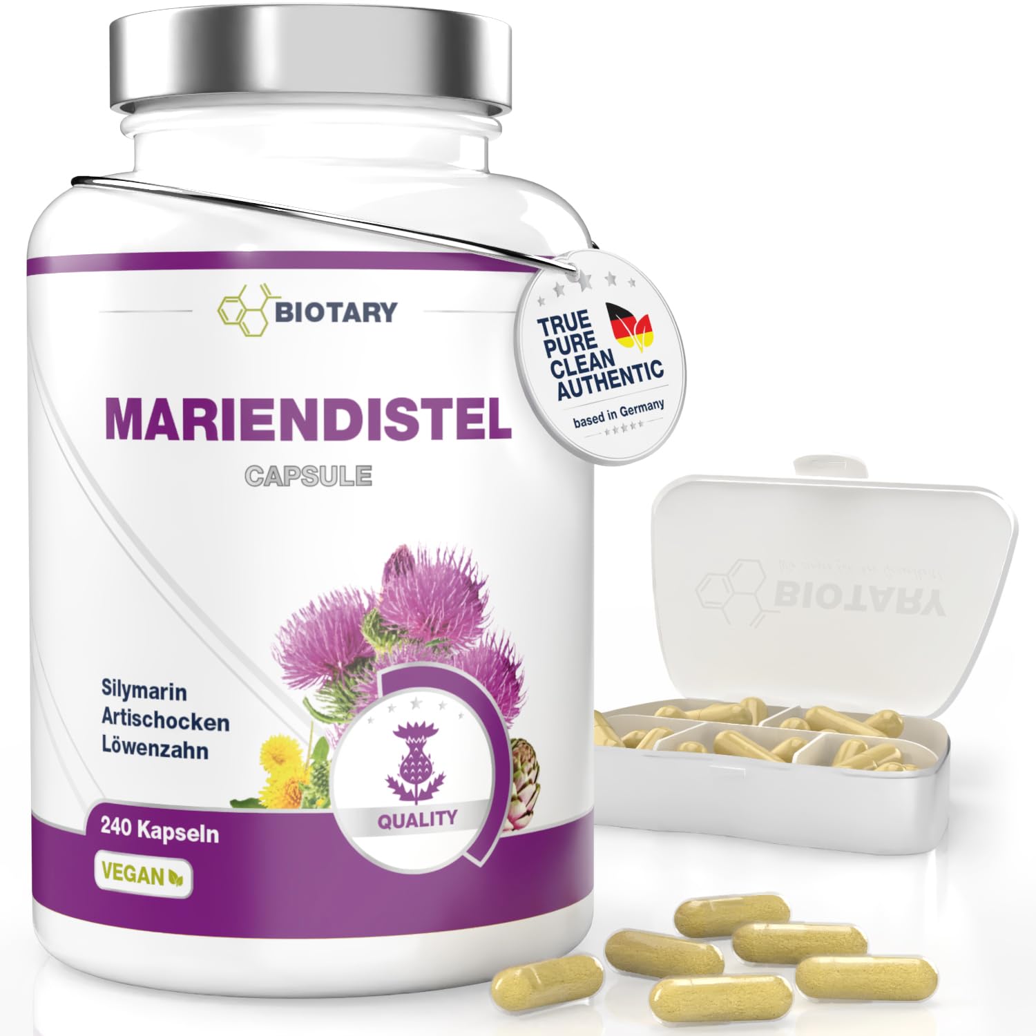 Mariendistel 240 Kapseln mit 80% Silymarin Extrakt Artischocken und Löwenzahn inklusive Pillenbox 8 Monate Vorrat 100% vegan reine Rezeptur geprüfte Qualität