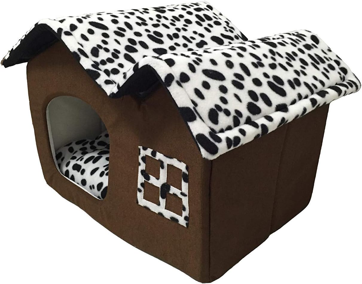 WOWOWMEOWPortable Pet Indoor Soft Dog House Bed Removable Cushion Included, Foldable Small Dog Cat Warm House Bed (Double Roof- Coffee)