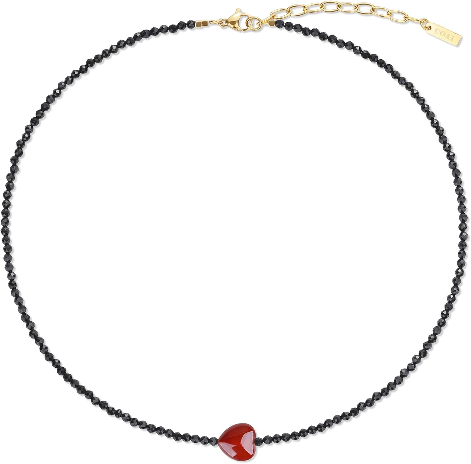 COAI Black Tourmaline Beaded Necklace for Women, Onyx Citrine Amethyst Red Carnelian Heart Necklace for Women